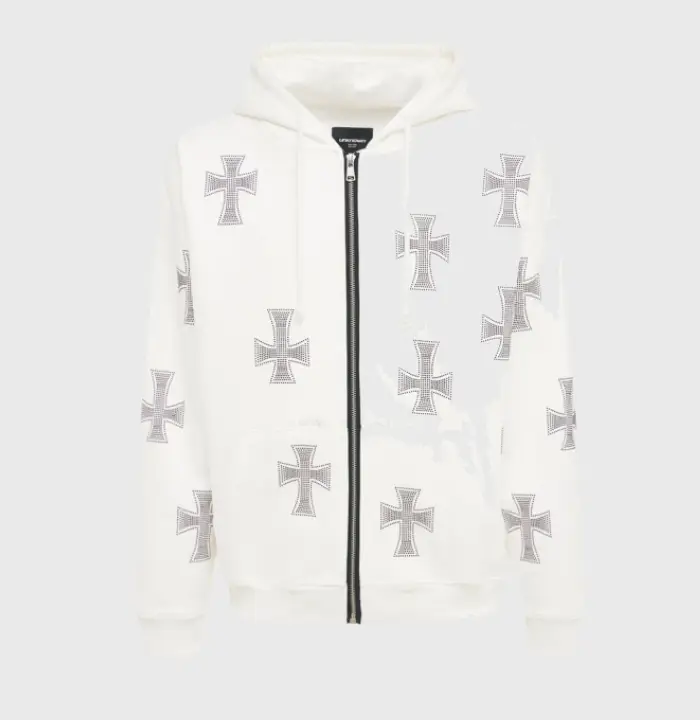Unknown White Rhinestone Cross Cotton Hoodie ModeSens