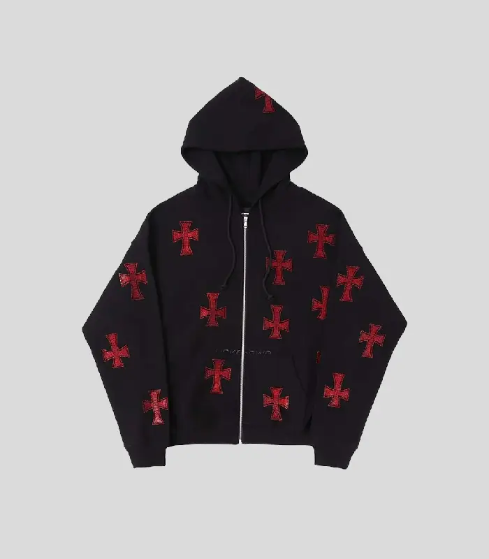 Unknown Black x Red Rhinestone Cross Zip Hoodie.webp Unknown London Black x Red Rhinestone Cross Zip Hoodie